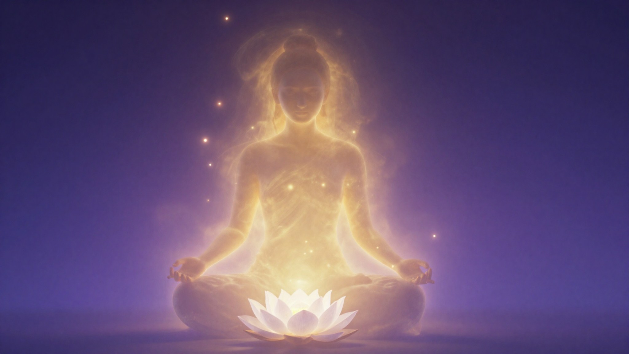 Figura serena em meditacao envolta por luz dourada e uma flor de lotus, simbolo do cuidado espiritual da apometria