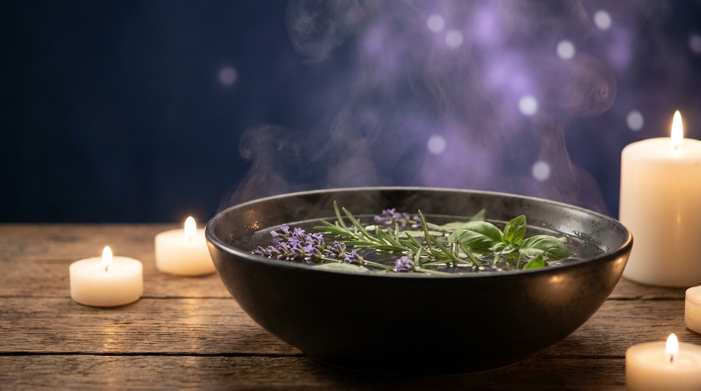 Banho de ervas do solstício de inverno em tigela com lavanda, alecrim e manjericão à luz de velas