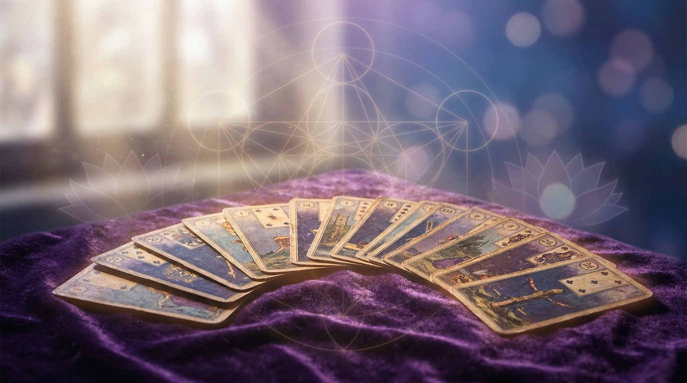 Cartas do baralho cigano Lenormand espalhadas, luz suave violeta e azul, clareza nas decisoes