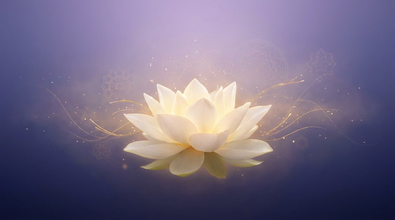 Lotus branca radiando luz dourada, simbolo de Bune e prosperidade
