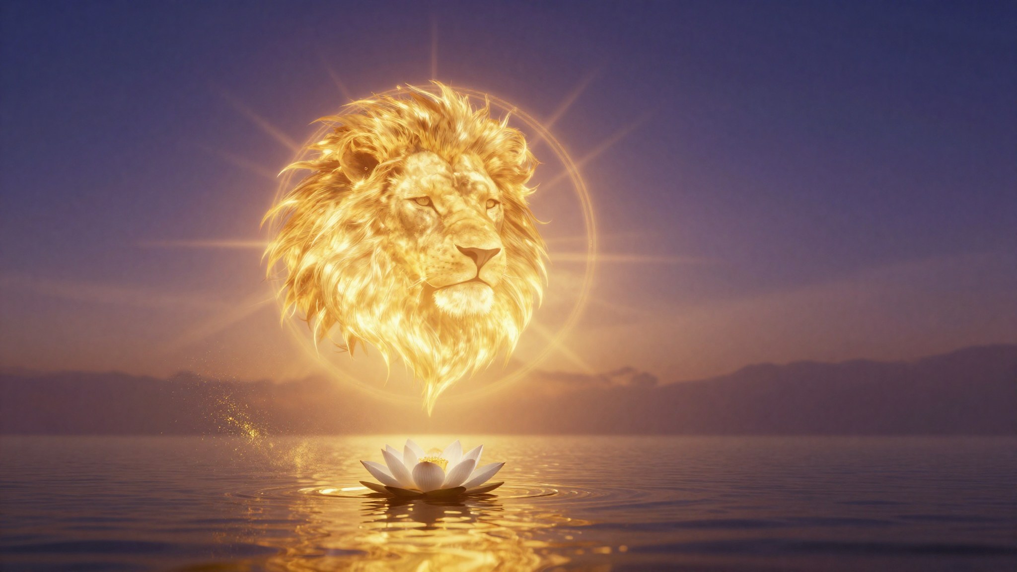Sol dourado como juba de leao sobre ceu indigo e violeta com lotus branca, simbolismo de Jupiter em Leao e a coragem de brilhar