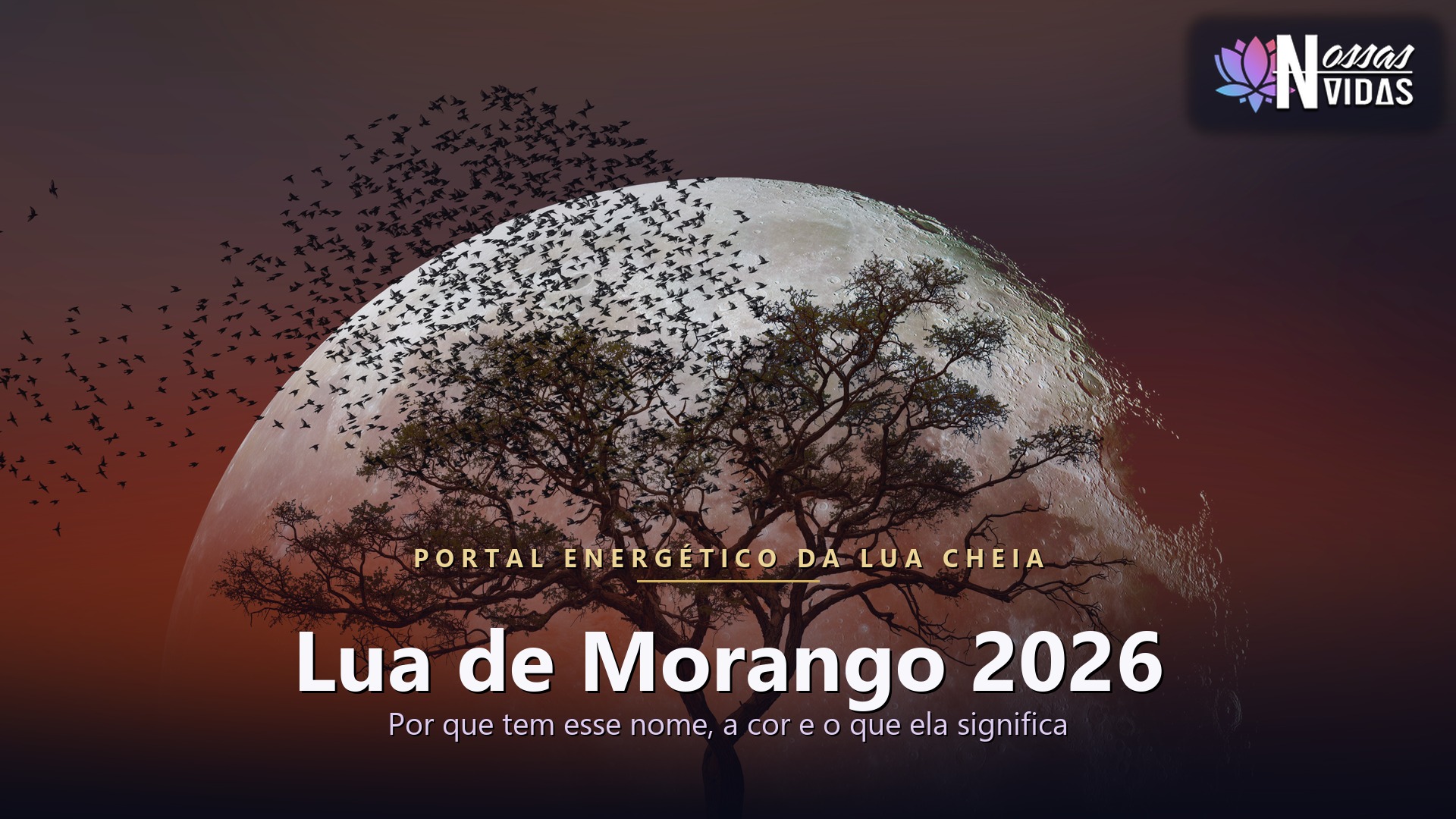 Lua cheia sobre lago em ceu indigo e violeta, capa da Lua de Morango 2026