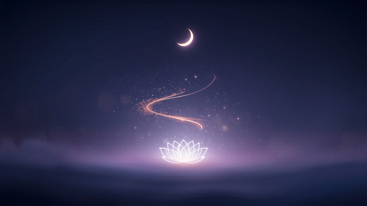 Lua crescente sobre flor de lotus branca radiando luz, ceu violeta e azul, Lua Nova em Gemeos