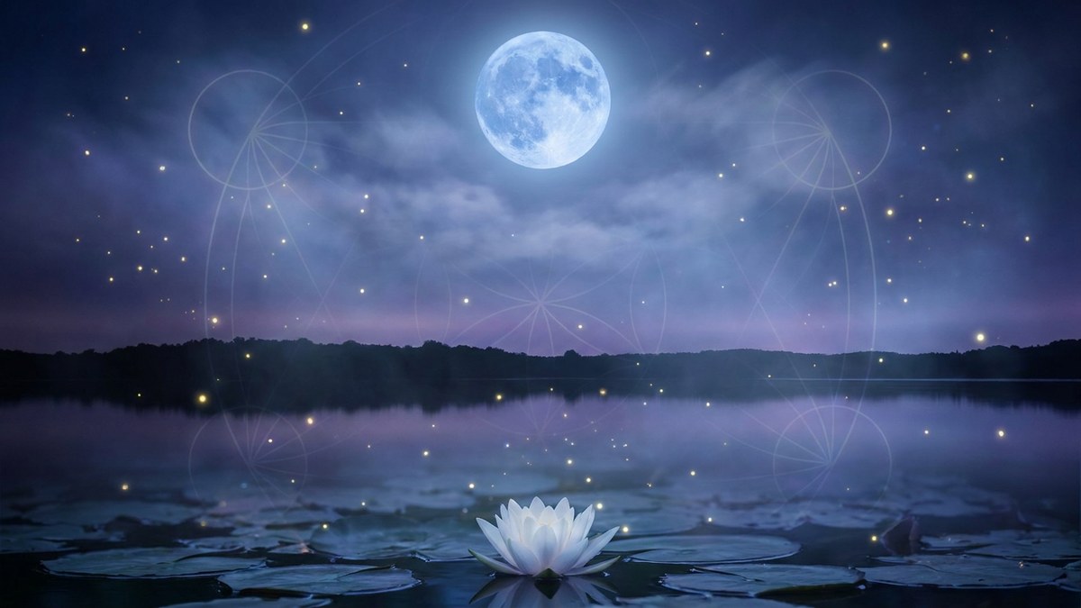 Lua azul cheia brilhando sobre flor de lotus, portal de prosperidade