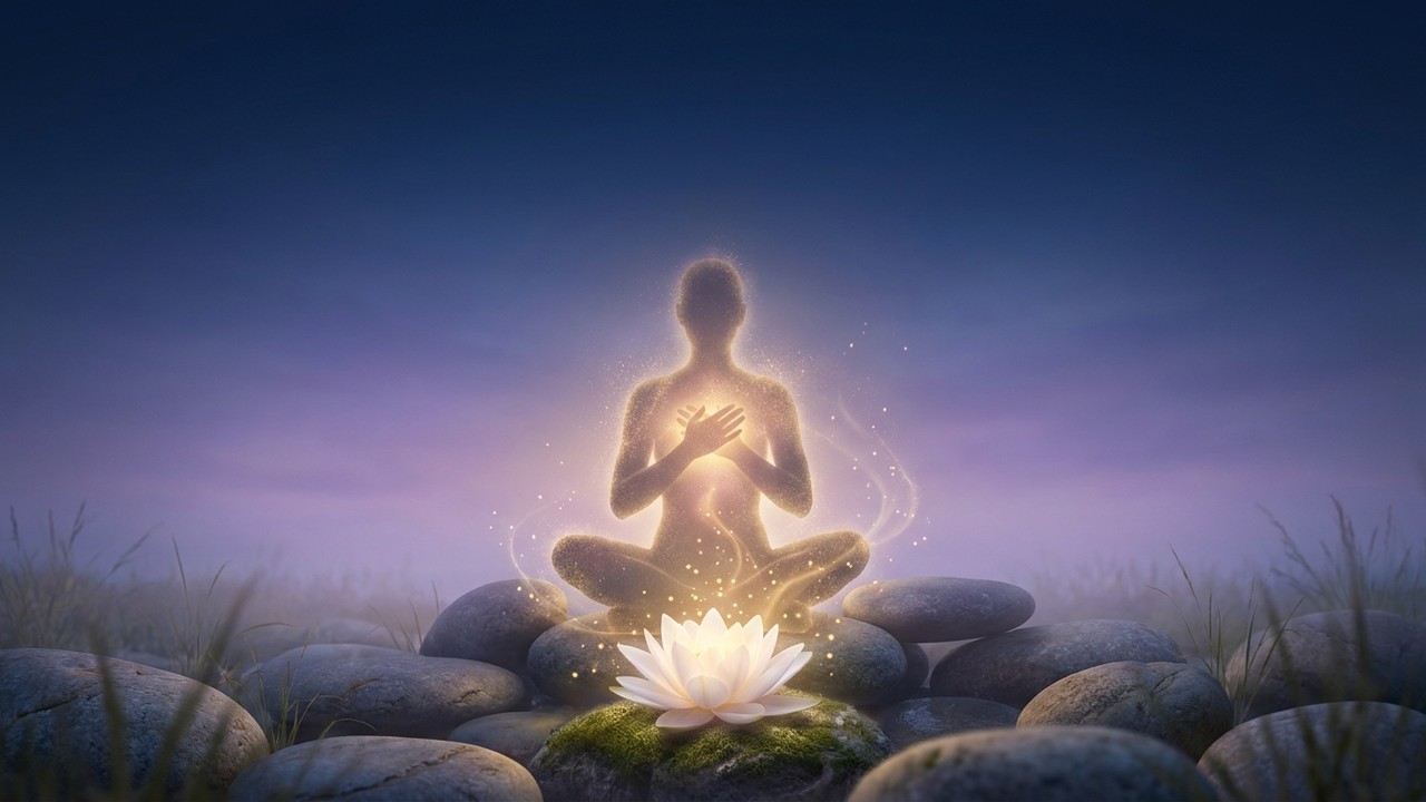 Figura de luz com as maos sobre o coracao e flor de lotus, ceu azul e violeta, Quiron em Touro e a cura do merecimento