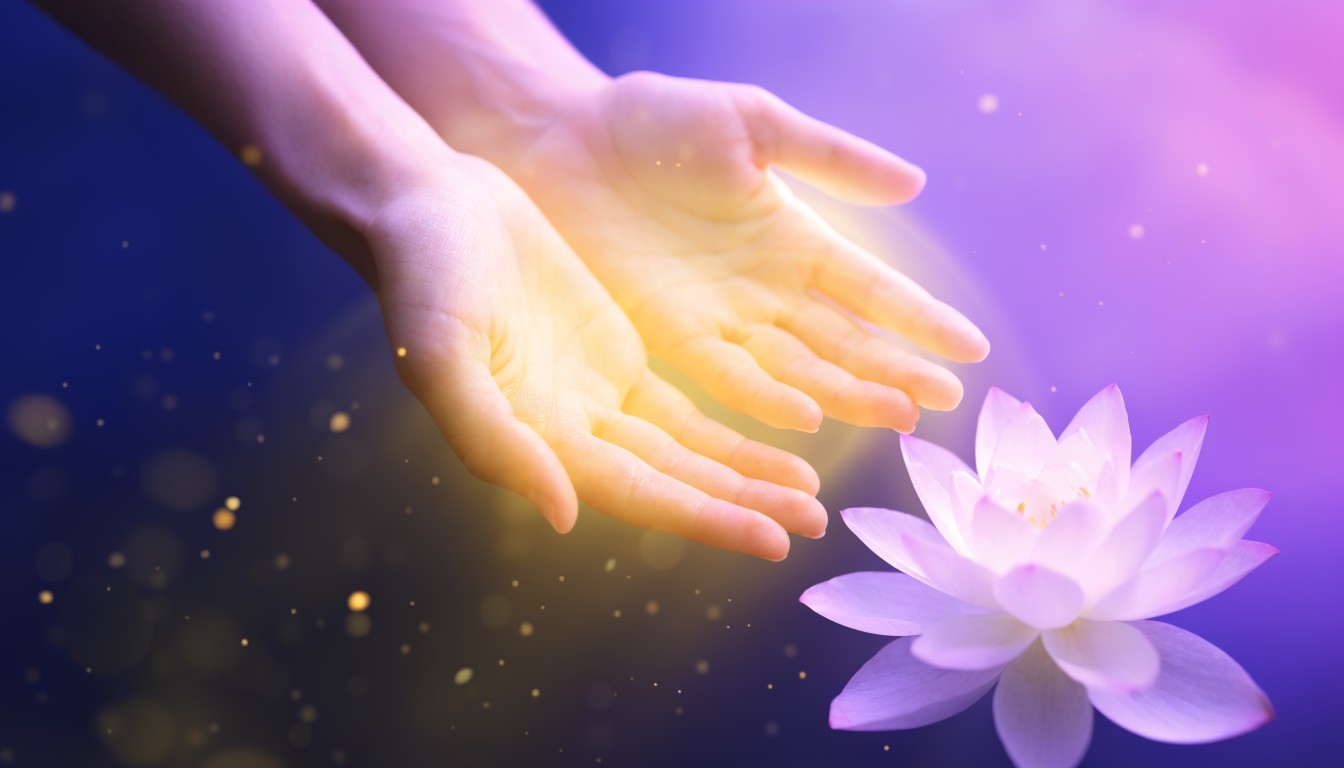 Maos em gesto de cuidado emanando luz dourada sobre uma flor de lotus, simbolo de calma e relaxamento do Reiki