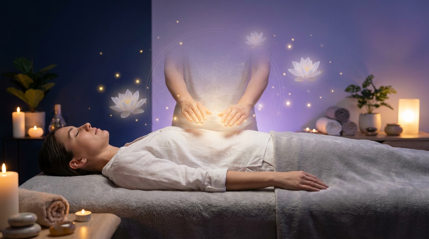 Capa do artigo Reiki para Estresse: cena serena de cura energética com luz dourada e lótus