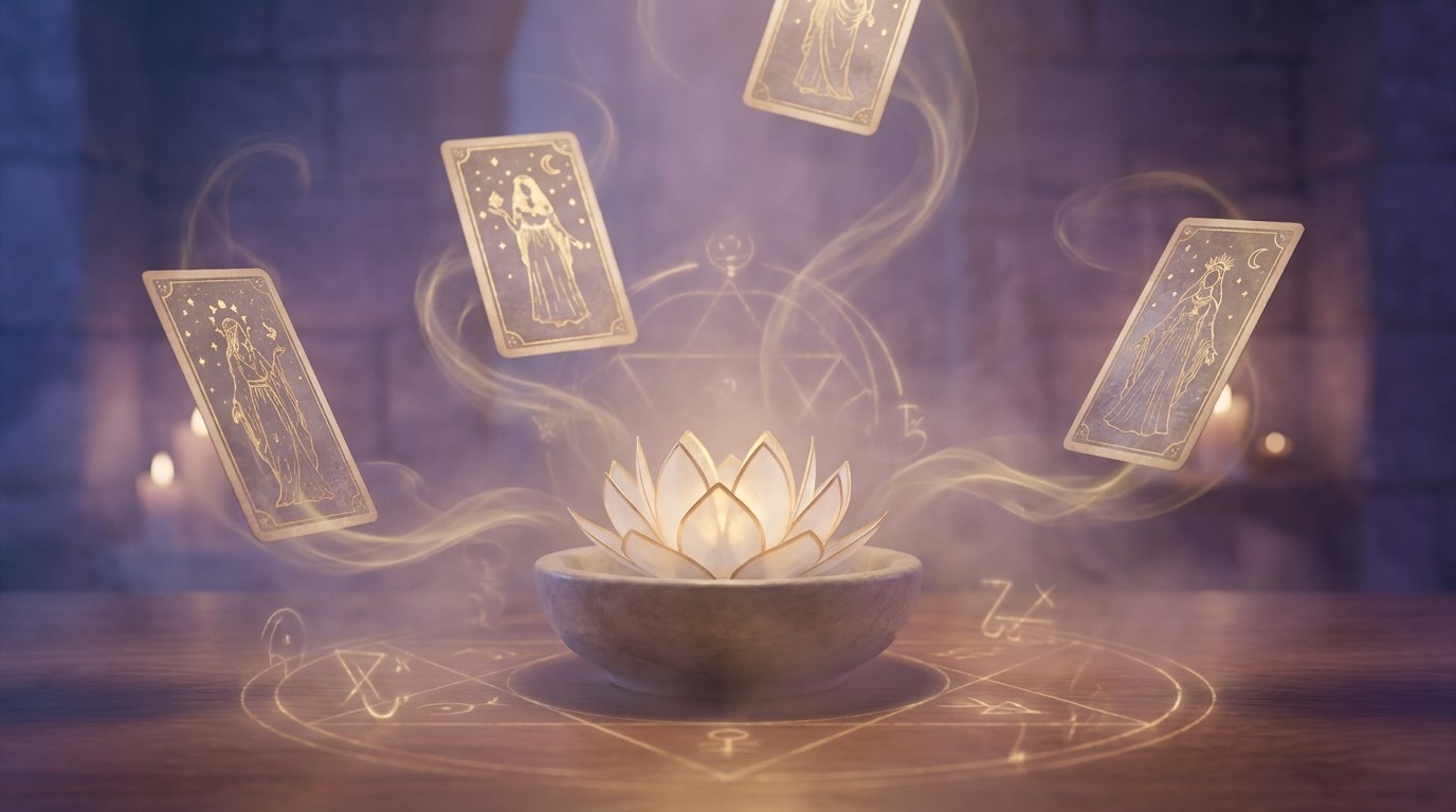 Cartas de Tarô flutuando sobre flor de lótus iluminada, simbolizando autoconhecimento no amor