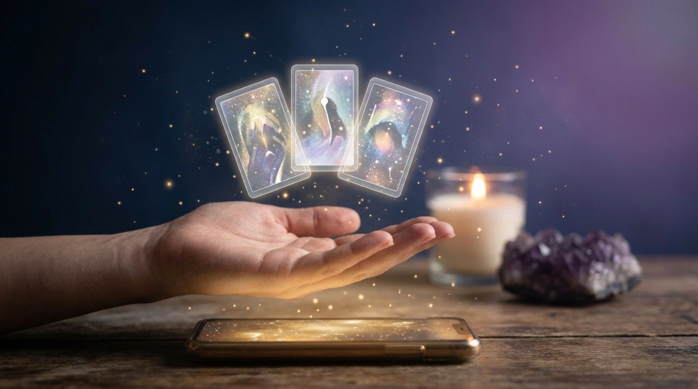 Mao aberta segurando tres cartas de taro luminosas flutuando sobre um smartphone, com vela e ametista, em luz dourada e violeta